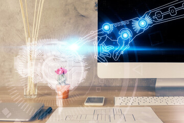 Double exposure of desktop computer and human brain drawing hologram. Ai concept.