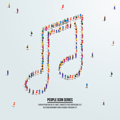 Music note icon or concept. large group of people form to create a shape music note. vector illustration.