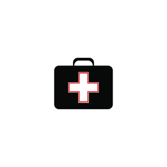 Briefcase icon with a red cross for medicine, help and health. Bag sign. Baggage symbol. Black and white vector graphics.
