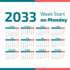 2033 Calendar with the weeks start on Monday