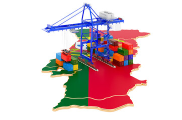 Freight Shipping in Portugal concept. Harbor cranes with cargo containers on the Portuguese map. 3D rendering
