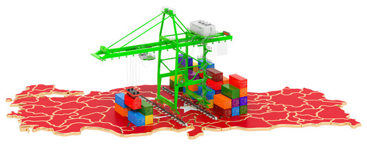 Freight Shipping in Turkey concept. Harbor cranes with cargo containers on the Turkish map. 3D rendering