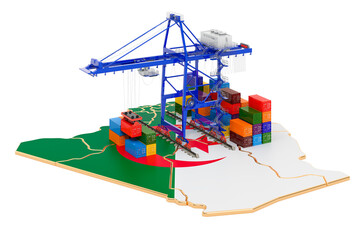 Freight Shipping in Algeria concept. Harbor cranes with cargo containers on the Algiers map. 3D rendering