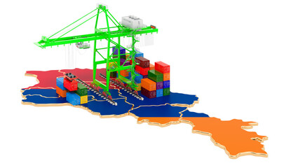 Freight Shipping in Armenia concept. Harbor cranes with cargo containers on the Armenian map. 3D rendering