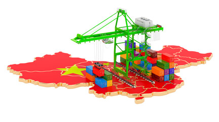 Freight Shipping in China concept. Harbor cranes with cargo containers on the Chinese map. 3D rendering