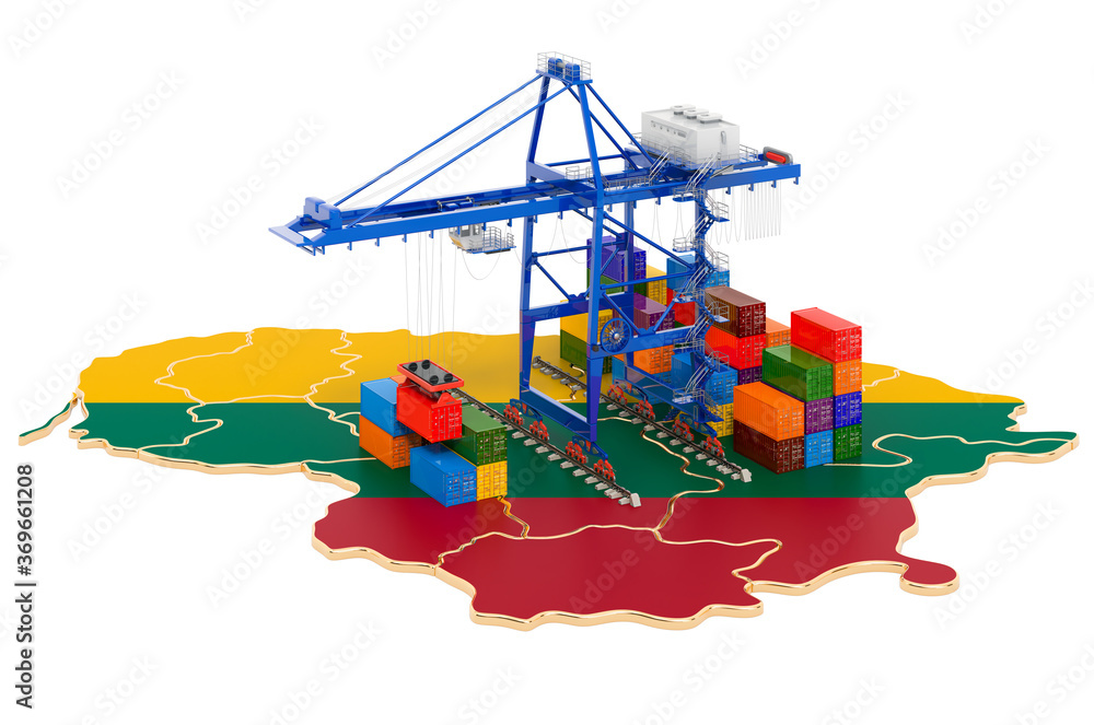 Poster freight shipping in lithuania concept. harbor cranes with cargo containers on the lithuanian map. 3d