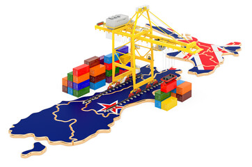 Freight Shipping in New Zealand concept. Harbor cranes with cargo containers on the New Zealand map. 3D rendering