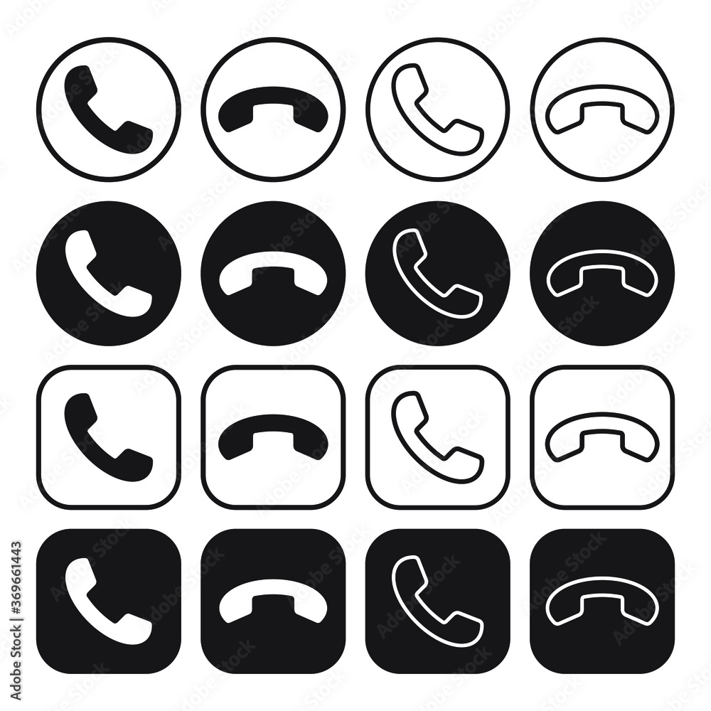 Aufkleber phone icon set. call application symbol collection. black round and square button. flat interface si