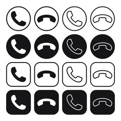 Phone icon set. Call application symbol collection. Black round and square button. Flat interface sign. Simple shape old telephone logo. Isolated on white background. Vector illustration image.