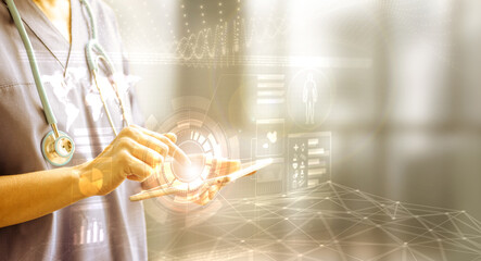 female doctor's finger touching a tablet displaying the patient's data in HUD style, concept of digital medical information and medicine futuristic technology .