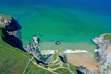 Aerial view of isolated bays of North Cornwall from helicopter