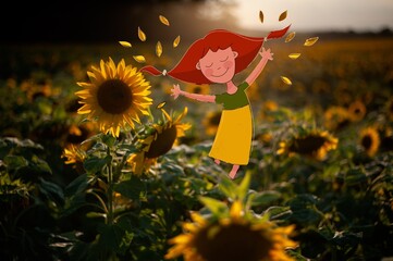 Cute Redhead girl happy playing in sunflower field.