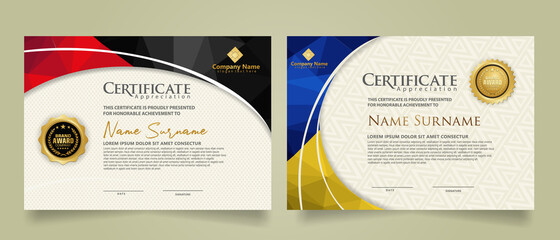 Set modern certificate template with triangle geometric polygon on circular lines ornate background