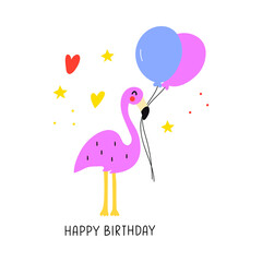 Happy birthday. Pink flamingo. Vector illustration on white background for greeting card, textile t shirt, print, stickers, posters design.
