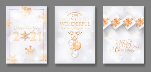 Set Merry Christmas and Happy New Year 2021 Postcard or Cover Elegant Design. Greeting Cards with Gold Xmas Decoration