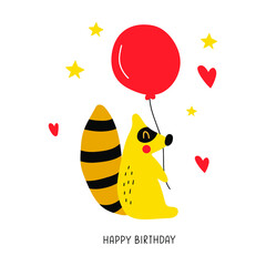 Friendly and adorable raccoon. Happy birthday. Illustration on white background for greeting card, textile t shirt, print,