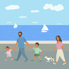Family walking near the sea with kids and dog.Vector illustration