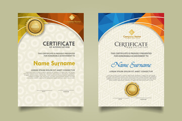 Set modern certificate template with triangle geometric polygon on circular lines ornate background
