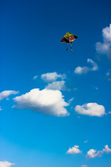 A bright kite into the sky in summer outdoors: vacation in the park.