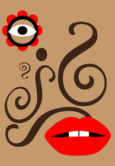 Abstract background minimalist with red lips, eye and ornament details, vector illustration