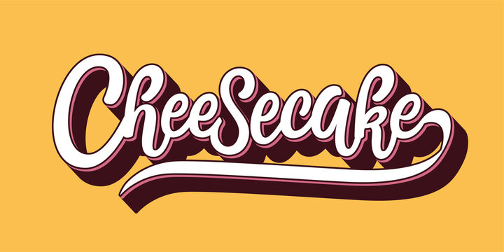 Cheesecake vector logo. Hand drawn lettering typography isolated on yellow background. Packaging, print, poster, banner