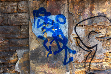 Modern iconic urban culture - tag graffiti letter. Wall decorated with abstract drawings house paint closeup. Detail of tag graffiti. Fragment for background. Modern iconic urban culture street youth