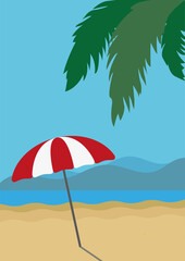 Fototapeta na wymiar Beach View with Umbrella and Palm Tree