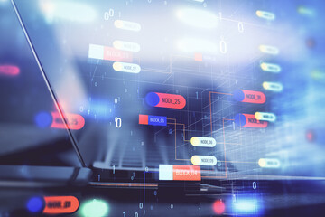 Multi exposure of computer on background and technology theme drawing. Concept of innovation.