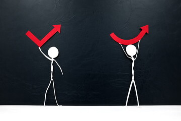Stick man figures holding different rebound arrow shapes. Covid-19 pandemic crisis economic...
