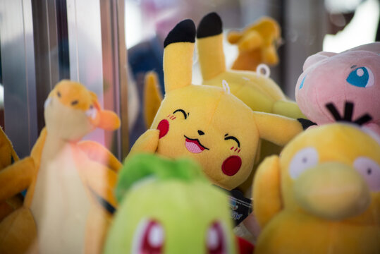 Mulhouse - France - 5 August 2020 - closeup of pikachu plush at the  fun fair