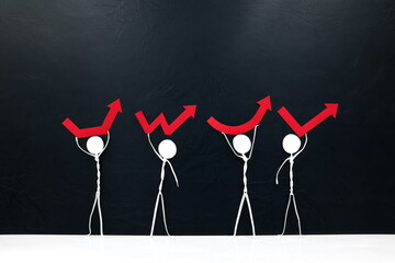 Stick man figures holding different rebound arrow shapes. Covid-19 pandemic crisis economic recovery concept.