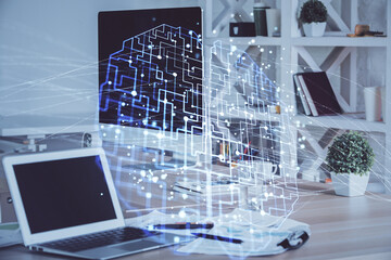 Double exposure of work table with computer and brain sketch hologram. Brainstorming concept.