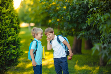 Fototapeta premium Back to school. Two happy cheerful children, schoolboy boy with backpacks and notebooks in their hands in the park.