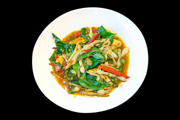 Top view of Razor clams spicy Stir-Fry, focus selective.