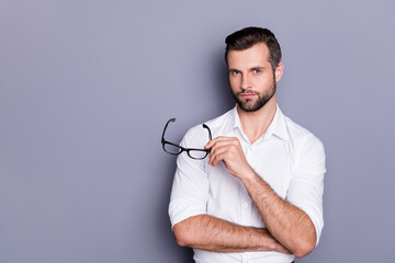 Portrait of his he nice attractive virile serious content brunet guy corporate manager employee it...