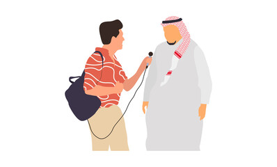 Journalists of news channels and radio stations are take interviewed. Characters interviewer and people. Vector illustration in flat cartoon style.