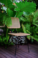 chair in a garden on wood floor with beautiful tree and flowers in the garden