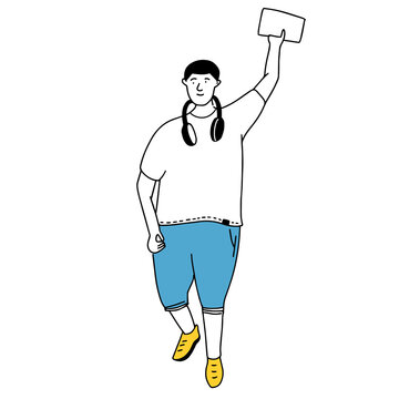 Young plus size man waving hand. Simple line drawing of boy in white tee and blue shorts. Happy student vector illustration
