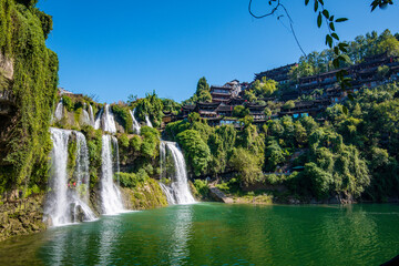The Wangcun Waterfall at Furong Ancient Town. Amazing beautiful landscape scene of Furong Ancient Town (Furong Zhen, Hibiscus Town), China