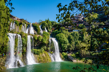 The Wangcun Waterfall at Furong Ancient Town. Amazing beautiful landscape scene of Furong Ancient Town (Furong Zhen, Hibiscus Town), China