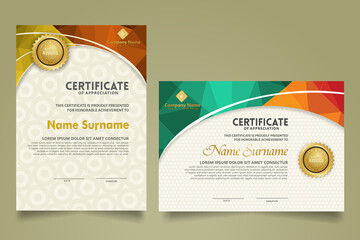 Set modern certificate template with triangle geometric polygon on circular lines ornate background