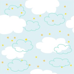 seamless pattern with clouds and stars, vector blue background