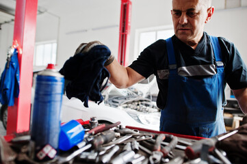 Car repair and maintenance theme. Mechanic in uniform working in auto service.