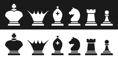 Magnetic chess. Black and white chess pieces silhouettes. Vector illustration