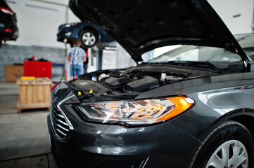 Obraz na płótnie Canvas Car repair and maintenance theme. Car open hood engine in auto service.