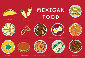 Illustration vector isolated Mexican food top view on table line doodle style of Mole tacos burrito nachos fajitas tortilla salsa sauce as Mexico restaurant menu concept - obrazy, fototapety, plakaty