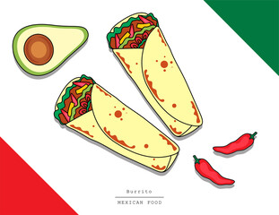 Illustration vector isolated Mexican food top view on table line doodle style of Burrito or tortilla wrapped with meat and tomato salsa sauce baked as Mexico restaurant menu concept