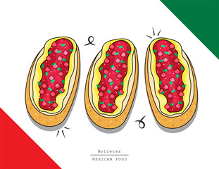 Illustration vector isolated Mexican food top view on table line doodle style of Molletes or slice bread with tomato salsa sauce baked as Mexico restaurant menu concept