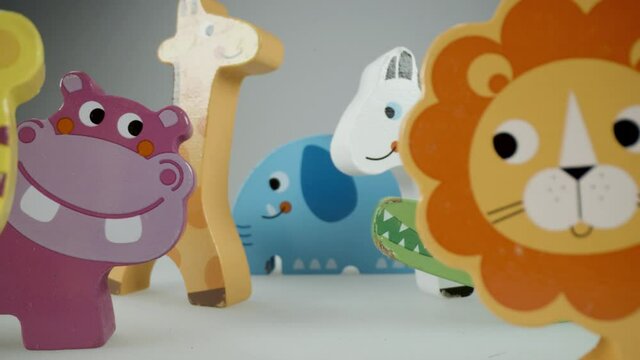 Video moving through wooden toy animals 