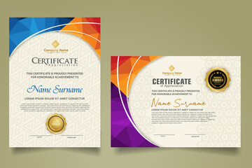 Set modern certificate template with triangle geometric polygon on circular lines ornate background